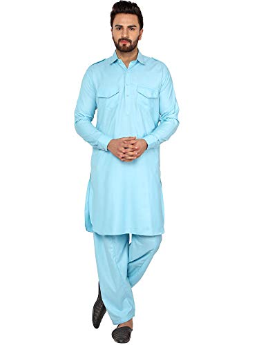 SKAVIJ Herren Tunika Pathani Kurta Pyjama Indische Beiläufig Tragen Kleid Set Kleid Set (Türkis, L) von SKAVIJ