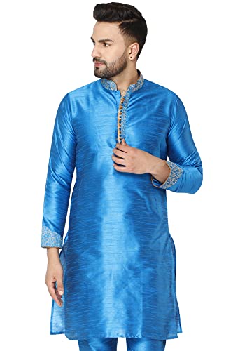 SKAVIJ Kunst Seide Kurta Für Männer Gestickte Indische Party Lässig Hemd Tragen (Small, Türkis) von SKAVIJ