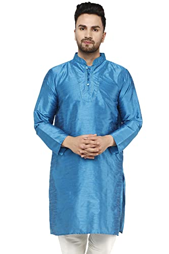 SKAVIJ Kurta Für Männer Kunst Seide Besticktes Langes Hemd Indisches Kleid (Large, Türkis) von SKAVIJ