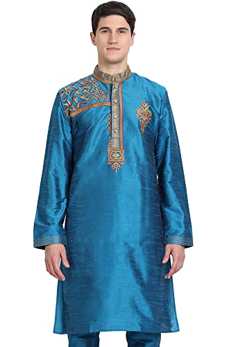 SKAVIJ Kurta Für Männer Kunst Seide Besticktes Langes Hemd Indisches Kleid (Large, Türkis) von SKAVIJ