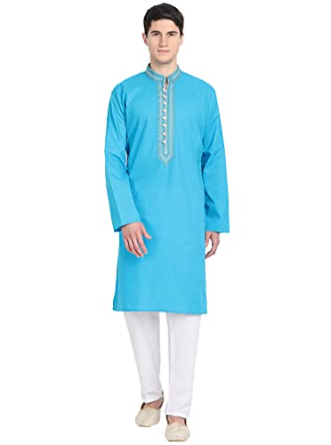 SKAVIJ Kurta-Pyjama-Set Für Männer Lange Ärmel Baumwolle Partykleid Tragen (X-Large, Türkis) von SKAVIJ