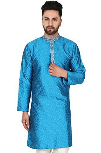 SKAVIJ Männer Kunst Seide Kurta Hochzeitsfeier Lässig Langes Hemd Kleid (Small, Türkis) von SKAVIJ