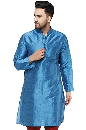 SKAVIJ Männer Tunika Kunst Seide Lange Kurta Indische Hochzeit Lässig Hemd Kleid (Large, Türkis) von SKAVIJ