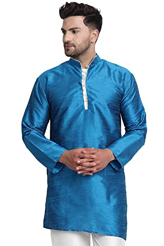 SKAVIJ Männer Tunika Top Kunst Seide Lange Kurta Indische Hochzeit Lässig Hemd Kleid (Large, Türkis) von SKAVIJ