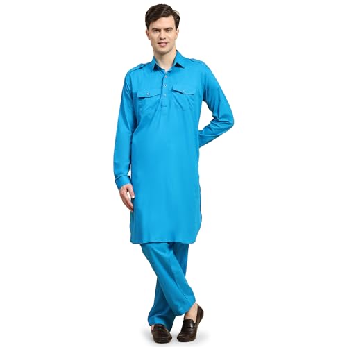 SKAVIJ Männer aus Baumwolle Pathani Kurta-Pyjama-Set indischen Sommerkleid Outfit Set Set (x-Large, türkis) von SKAVIJ