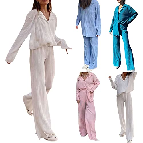 Damen Hosenanzug Elegant Plissee Loungewear 2 Teiler Outfits Sommer Musselin Fã¼r Hosenanzã¼ge Homewear Hochzeit Schicker Zweiteiler Button Down Anzug Langarm Blazer Outfit Lounge Set Streetwear von SKFLABOOF