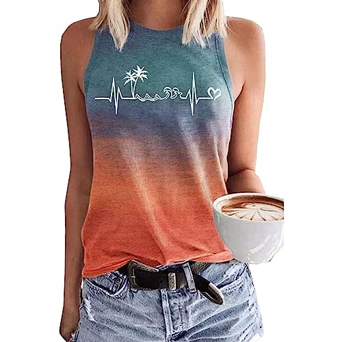 SKFLABOOF Damen Sommer Tank Top Sommermode 2024 Damen Top Schwarz Lockere Rundhals Basic Oberteile Tunika Weißes Tops Damen Shirt Einfarbig/Druckmuster 02 Blau L von SKFLABOOF