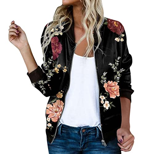 SKFLABOOF Damenjacken Für Frühjahr Jacket College Leichte Blouson Blumenmuster Bomberjacke 2023 Sommer Jacken Frühlingsjacke Elegant Frühjahr Jacke Hemdjacke Pilotenjacke von SKFLABOOF