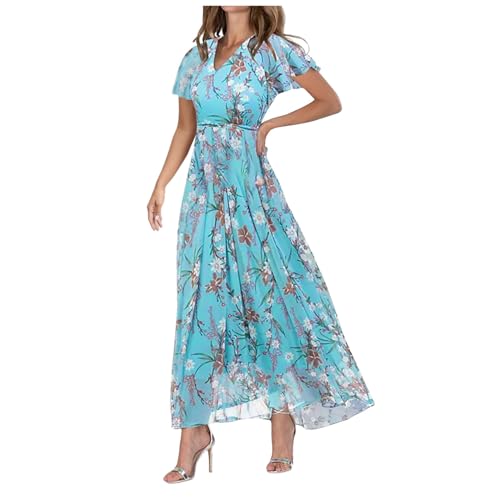 SKFLABOOF Lange Sommerkleider Damen Elegant Chiffon Blumen Kleid Rüschen Wickeloptik Kurzarm V-Ausschnitt Hohe Taille Maxikleid Partykleid Blumenkleid Strandkleid Cocktailkleid von SKFLABOOF