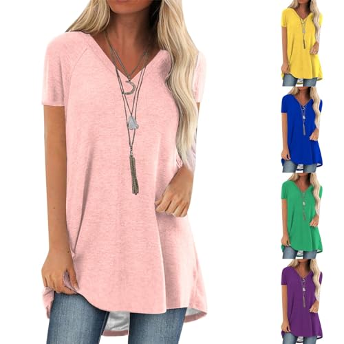 SKFLABOOF Longshirt Damen | Rundhals Kurzarm Oversize Tshirt Tunika Einfarbig/Gradient Basic Shirt Long Bluse Tops Italienische Mode Longpullover Longbluse Damen Lässig für Leggings (06 i_Rosa, L) von SKFLABOOF