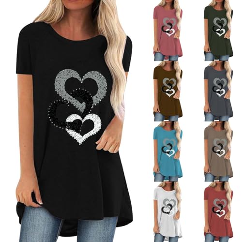 SKFLABOOF Longshirt Damen Rundhals Kurzarm Oversize Tshirt Tunika Einfarbig Basic Shirt Long Bluse Tops Italienische Mode Longpullover Longbluse Damen Lässig für Leggings 04 Schwarz,L von SKFLABOOF