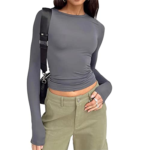 SKFLABOOF Skims Dupe Basic Langarmshirt Damen Vintage Eng Crop Tops Pumiey Y2k Aesthetic Clothes Longsleeve Sexy Oberteile Shirt Langarm für Damen Klamotten Teenager Mädchen von SKFLABOOF