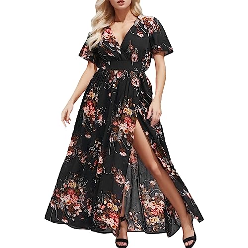 SKFLABOOF Sommerkleid Elegant Damen Lang Boho Maxikleid Große Größen Sommer V Ausschnitt Kleid Schlitz Leichte Sommerkleider Flowy Summer Dresses for Women Schwarz XL von SKFLABOOF