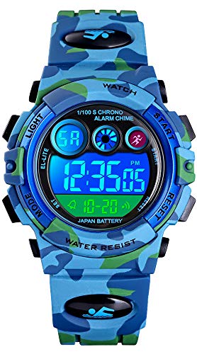 Jungen Digitaluhr Kinder Sport Kinderuhr Junge 5 ATM Wasserdicht Digital Uhren Wecker Alarm Timer LED Licht Stoppuhr Datum Elektronische Armbanduhr für Jugendliche Outdoor,Spielzeug Blau Grün von findtime