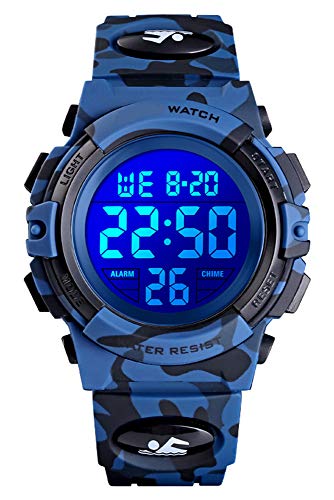 Kinder Uhr Digital Jungen Sport Outdoor 5 ATM Wasserdicht 5 Bar Digital Uhren LED Alarm Stoppuhr Kalender Datum Multifunktional Kinderuhren Armbanduhr für Jugendliche Quarz Silikon von findtime