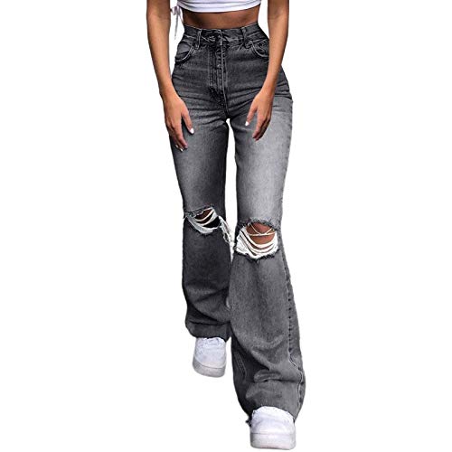 SKYWPOJU Damen Schlaghose Y2K Mode High Waist Bootcut Pant Weite Bein Boyfriend Stretch Skinny Jeans Hosen Vintage Leopard Jeanshose Schlagjeans Streetwear (Color : Gray, Size : M) von SKYWPOJU