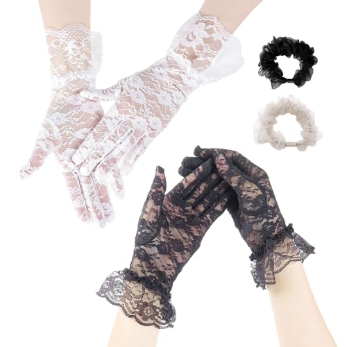 SLEEKEE 2 Paar Handschuhe, 2 Haargummis, Spitzenhandschuhe, kurze, elegante Sonnenschutzhandschuhe, Hochzeitshandschuhe, geeignet für Hochzeits-Matching und Outdoor-Aktivitäten. von SLEEKEE