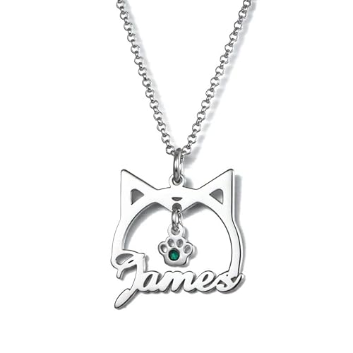 SLIACETE 925 Sterling Silber Katze Form Namenskette mit Geburtsstein Personalisiert für Frauen Mädchen Katze Namen Halskette Personalisierter Schmuck Geschenke, Silber von SLIACETE