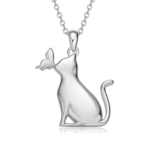 SLIACETE Schmetterling und Katze Halskette 925 Sterling Silber Schmetterling Katze Anhänger Halskette für Frauen Mädchen Katze Schmuck Geschenke für Katzenliebhaber von SLIACETE