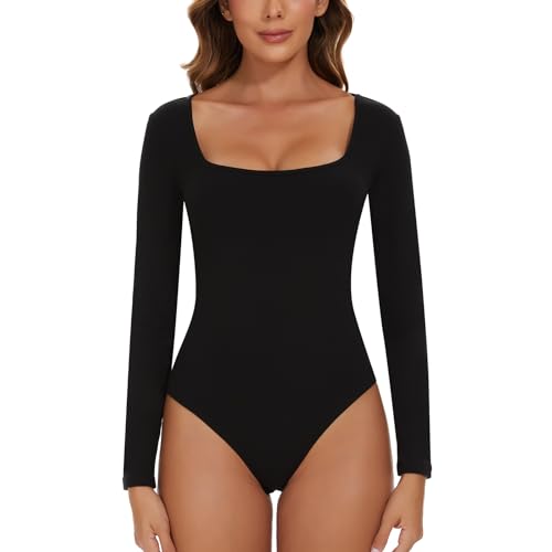 SLIMBELLE Body Damen Langarm Quadratischer Kragen Bodysuit Body Anzüge Tanga Langarm Top für Frauen (Schwarz,M) von SLIMBELLE