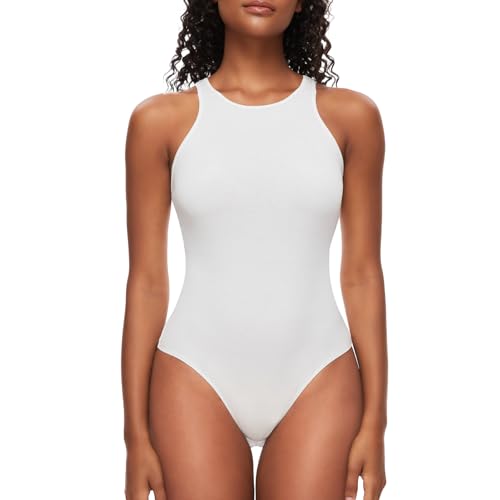 SLIMBELLE Damen Ärmellos Body Rundhals Ärmellose Bodysuit Tanktops Elegant Sexy Bodysuits Tops Lässiger Stringbody Bodys für Damen (Weiß,L) von SLIMBELLE