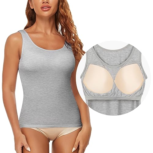 SLIMBELLE Damen BH Hemd Unterhemd Basic Top mit Integriertem BH Breite Träger Seamless Camisole mit Cups Ohne Bügel Rundhals Gepolstertes Hemdchen Bustier Skinny Tanktop Bralette Bra Shirt(Grau,M) von SLIMBELLE