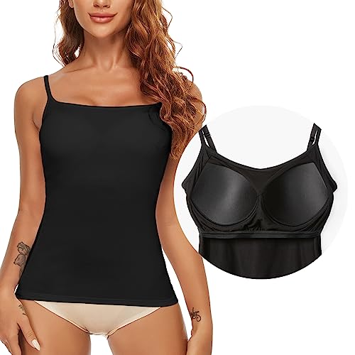 SLIMBELLE Damen BH Hemd Unterhemd Spaghettiträger Top Ohne Bügel Unterhemden mit BH Integriert Basic Polster Trägertop Padded Camisole Hemdchen mit Cups Einsatz Bustier Bralette Shirt(Schwarz,XXL) von SLIMBELLE