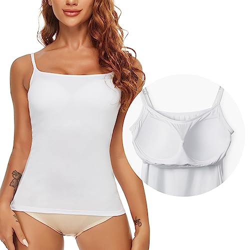 SLIMBELLE Damen BH Hemd Unterhemd Spaghettiträger Top Ohne Bügel Unterhemden mit BH Integriert Basic Trägertop Weiß Seamless Hemdchen mit Cups Einsatz Camisole Bustier Bralette Shirt(Weiß,L) von SLIMBELLE