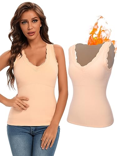 SLIMBELLE Thermo Tank Top Dame Innenfleece Ärmellos Oberteil Warm Thermo Spitze Shirt Elastische Base Layer Sleeveless Top Thermounterwäsche Warme Funktionsunterwäsche Beige-2 XL von SLIMBELLE