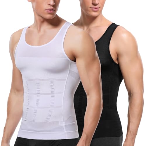 SLIMBELLE Herren Body Shaper Weste Schlankheits Weste Elastische Shapewear Kompressionsshirt für Männer Schlanke Bauchkontrolle Taille Trainer Shaper Tank Top, schwarz/weiß, XL von SLIMBELLE