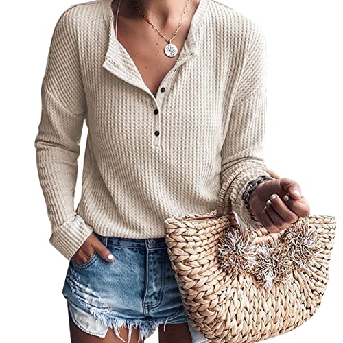 SLIMBELLE Langarmshirt Damen V-Ausschnitt Henley Shirt Langarm Lose Tunika Top(Khaki L) von SLIMBELLE