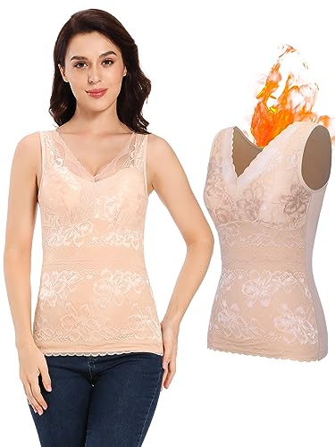 SLIMBELLE Thermo Tank Top Dame Innenfleece Ärmellos Oberteil Warm Thermo Spitze Shirt Elastische Base Layer Sleeveless Top Thermounterwäsche Warme Funktionsunterwäsche Beige-1 S von SLIMBELLE