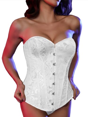 SLIMBELLE Vollbrust Corsage Damen Korsett Top Gothic Vintage Corsagen Bustier Corsette mit Stahlstäbchen Spitze und Faux Leder Corsage mit Tanga Weiß-Lace S von SLIMBELLE