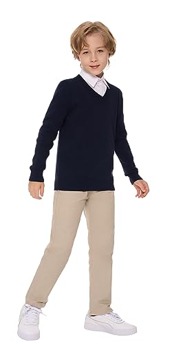 SMILING PINKER Jungen Pullover V-Ausschnitt Uniform Langärmelig Stricken Basic Sweater(Marine,13-14 Jahre) von SMILING PINKER