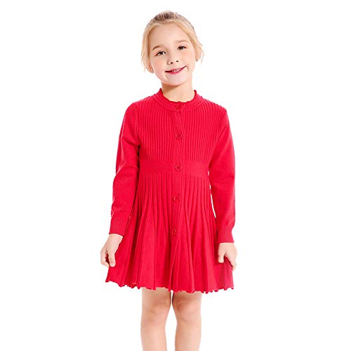 SMILING PINKER Kinder Mädchen Plissee Kleid Langarm Knopfleiste Schule Strickpullover Kleider, rot, 4-5 Jahre von SMILING PINKER