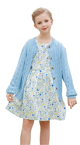 SMILING PINKER Mädchen Aran Strickjacke Jungen Kinder Gestrickt Rundhals Baumwolle Grobe Pullover Jacke mit Knopf(Hellblau,8-9Jahre) von SMILING PINKER