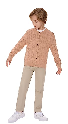 SMILING PINKER Mädchen Aran Strickjacke Jungen Kinder Gestrickt Rundhals Baumwolle Grobe Pullover Jacke mit Knopf(Khaki,7-8Jahre) von SMILING PINKER