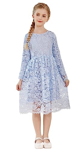 SMILING PINKER Mädchen Festliches Kleid Kinder Spitze Langarm Blumenmädchen Hochzeit Prinzessin Kommunion Kleider(Blau,5-6 Jahre) von SMILING PINKER