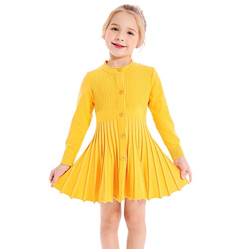 SMILING PINKER Mädchen Kleider Langarm Strickkleid Plissee Röcke Einfarbig Basic Herbst Winter Kleid(Gelb,7-8 Jahre) von SMILING PINKER