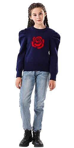 SMILING PINKER Mädchen Pullover mit Puffärmeln Schmetterling Kamelie Rundhalsausschnitt Strick Kurz Oberteil Kinder Warm Pulli(Marineblau,10-11 Jahre) von SMILING PINKER