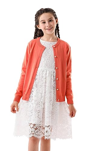 SMILING PINKER Mädchen Strickjacke Basic Kinder Cardigan Lange Ärmel Schule Strickware(Orange,8-9 Jahre) von SMILING PINKER