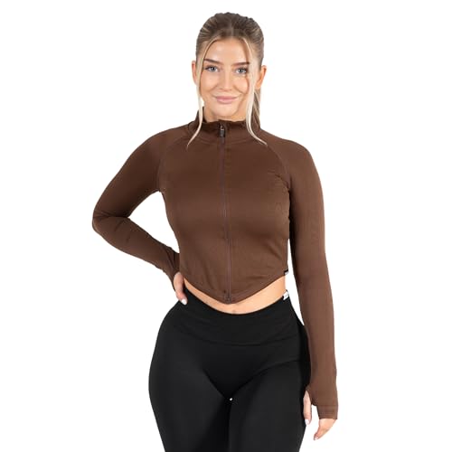 SMILODOX CROP TRAININGSJACKE SERINA für Damen | Shaped Fit, Seamless, mit Daumenlöchern - Ideal für Fitness, Yoga & Sport, Größe:S, Color:Braun von SMILODOX