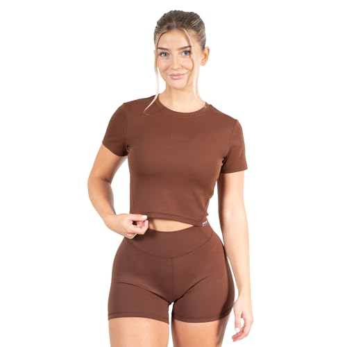 SMILODOX Damen Crop T-Shirt Advance Pro - Regular Fit Kurzarm Oberteil mit Rundhals, Größe:S, Color:Braun von SMILODOX