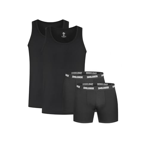 SMILODOX Herren Unterhemd & Boxershorts 2er und 3er Set - Atmungsaktives Langes Unterhemd zum Einstecken, Mittellange Boxershorts, Hautfreundliche Unterhosen Tank Top, Größe:3XL, Color:Schwarz von SMILODOX