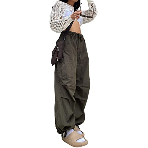 Y2k Women's Baggy Cargo Trousers, Wide Casual Look Elastic Waist Straight Lace Up Leg Side Pockets Cool Streetwear Look for Summer von SMIMGO