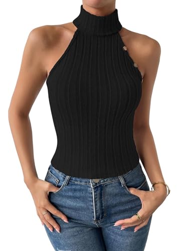 Ärmellose Tops gestrickt für Frauen High Neck Tank Top Turtleneck Stretchable Fitted Crop Top Sommer Strickpullover Vest,2XL,schwarz Ärmellose Tops gestrickt für Frauen High Neck Tank Top Turtleneck Stretchable Fitted Crop Top Sommer Strickpullover Vest,2XL,schwarz von SMIUPIN