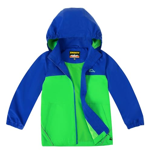 SMONTY Jungen Regenjacke Winddicht und Wasserdicht mit Kapuze Softshelljacke Kinder Outdoor Atmungsaktiv zum Wandern, Radfahren und Laufen(Blau Grün, 110-116) von SMONTY