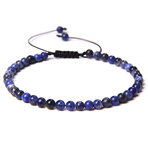 SMTSEC 4mm Lapislazuli Perlen ArmbandNaturstein Verstellbares Armband Böhmisches Handgeflochtenes Seil Charme Armband für Männer und Frauen Modisches Armband Mit Runden Perlen von SMTSEC