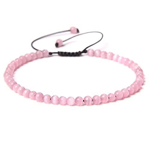 SMTSEC 4mm Rosa Katzenauge Steinarmband Handgeflochtenes Seil Verstellbares Armband Unisex Naturstein Perlen Armbandfür Männer und Frauen Modisches Charm Armband von SMTSEC