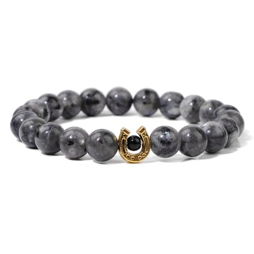 SMTSEC 8mm Schneeflocken Obsidian Armband Naturstein Perlen ArmbandModisches Eisenhuf Anhänger Charm Armband für Männer Frauen Mädchen Elastisches Seil Runder Perlen Armreif von SMTSEC